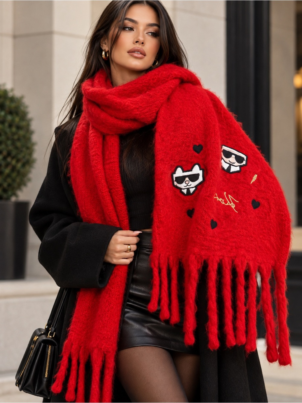 Karl Lagerfeld Kids Red Cartoon Patch Fringe Scarf